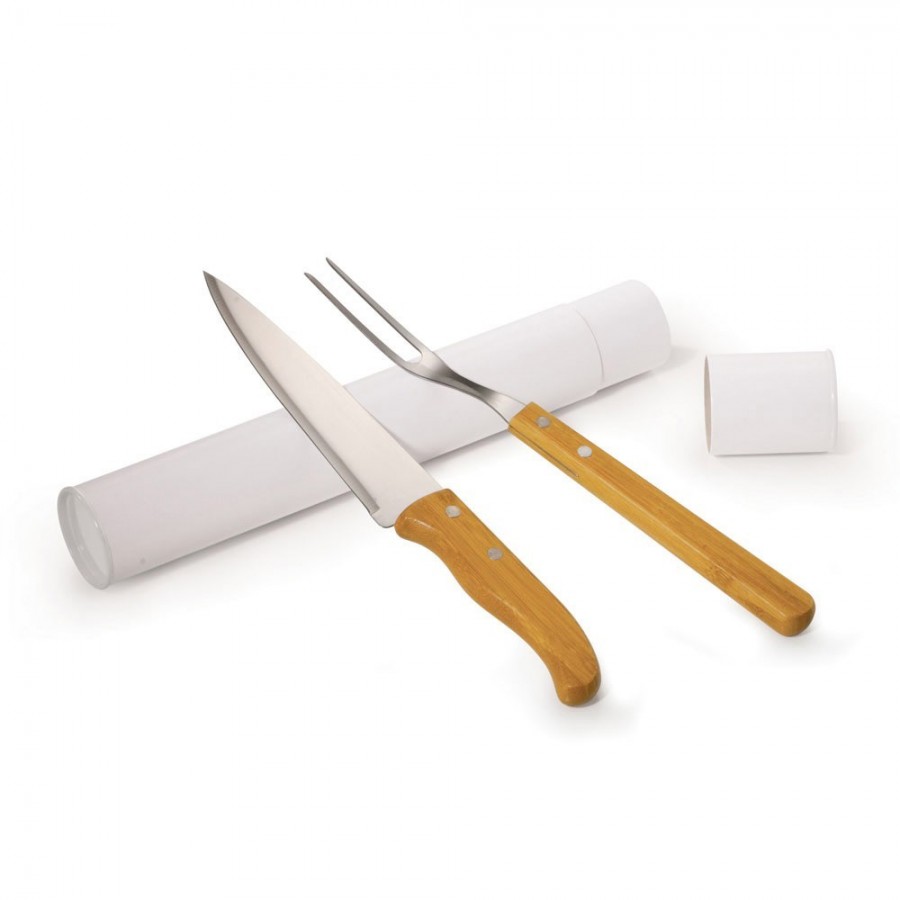 Conjunto com faca 7'' e garfo em Inox e Bambu